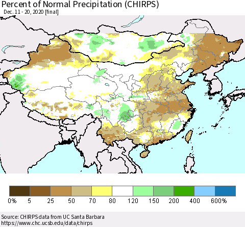 China and Taiwan Percent of Normal Precipitation (CHIRPS) Thematic Map For 12/11/2020 - 12/20/2020
