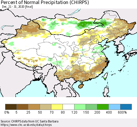 China and Taiwan Percent of Normal Precipitation (CHIRPS) Thematic Map For 12/21/2020 - 12/31/2020