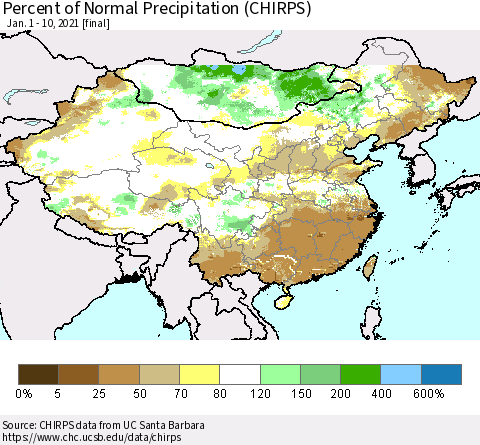 China and Taiwan Percent of Normal Precipitation (CHIRPS) Thematic Map For 1/1/2021 - 1/10/2021