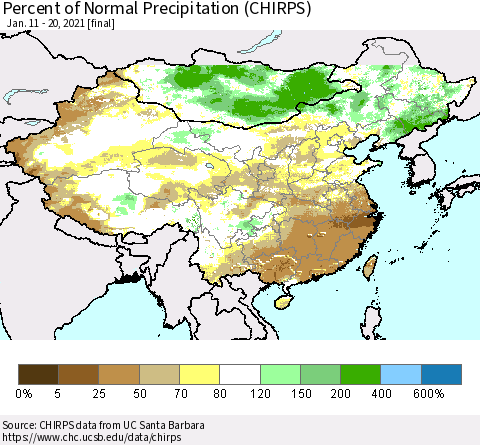 China and Taiwan Percent of Normal Precipitation (CHIRPS) Thematic Map For 1/11/2021 - 1/20/2021