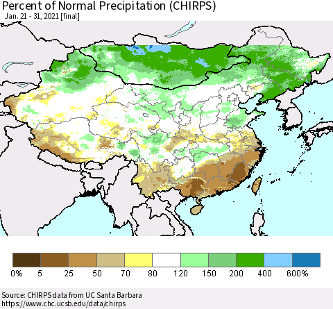 China and Taiwan Percent of Normal Precipitation (CHIRPS) Thematic Map For 1/21/2021 - 1/31/2021