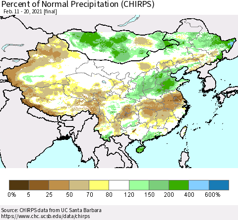 China, Mongolia and Taiwan Percent of Normal Precipitation (CHIRPS) Thematic Map For 2/11/2021 - 2/20/2021
