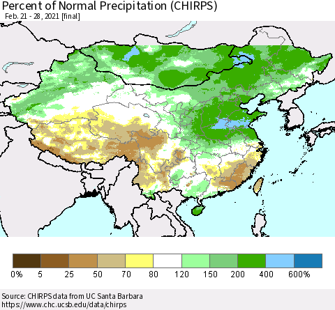 China, Mongolia and Taiwan Percent of Normal Precipitation (CHIRPS) Thematic Map For 2/21/2021 - 2/28/2021