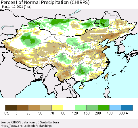 China and Taiwan Percent of Normal Precipitation (CHIRPS) Thematic Map For 3/1/2021 - 3/10/2021