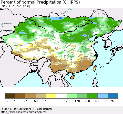 China and Taiwan Percent of Normal Precipitation (CHIRPS) Thematic Map For 3/11/2021 - 3/20/2021