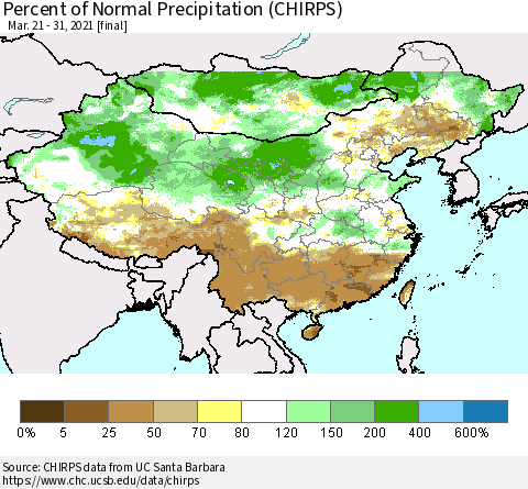 China, Mongolia and Taiwan Percent of Normal Precipitation (CHIRPS) Thematic Map For 3/21/2021 - 3/31/2021