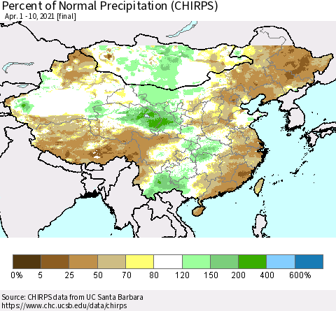 China and Taiwan Percent of Normal Precipitation (CHIRPS) Thematic Map For 4/1/2021 - 4/10/2021