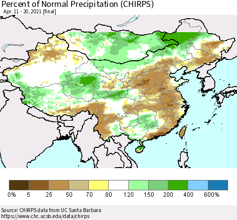 China and Taiwan Percent of Normal Precipitation (CHIRPS) Thematic Map For 4/11/2021 - 4/20/2021