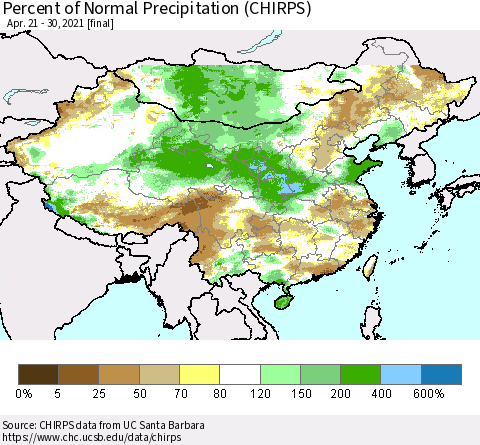 China and Taiwan Percent of Normal Precipitation (CHIRPS) Thematic Map For 4/21/2021 - 4/30/2021