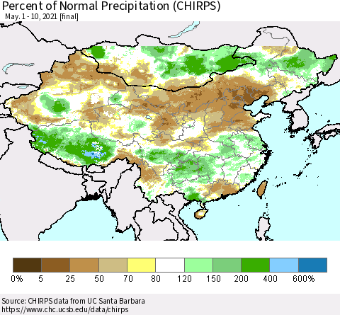 China and Taiwan Percent of Normal Precipitation (CHIRPS) Thematic Map For 5/1/2021 - 5/10/2021