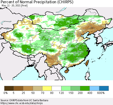 China and Taiwan Percent of Normal Precipitation (CHIRPS) Thematic Map For 5/11/2021 - 5/20/2021