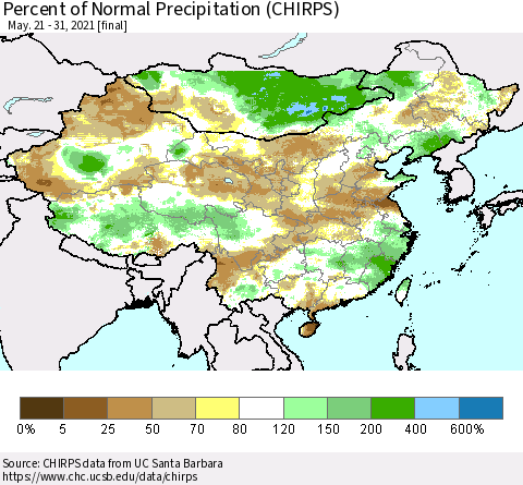 China and Taiwan Percent of Normal Precipitation (CHIRPS) Thematic Map For 5/21/2021 - 5/31/2021