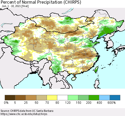 China and Taiwan Percent of Normal Precipitation (CHIRPS) Thematic Map For 6/1/2021 - 6/10/2021