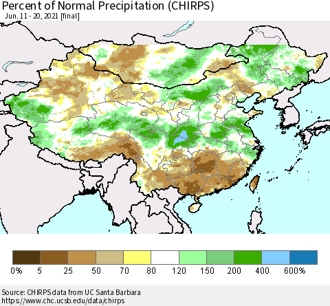 China and Taiwan Percent of Normal Precipitation (CHIRPS) Thematic Map For 6/11/2021 - 6/20/2021