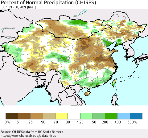 China and Taiwan Percent of Normal Precipitation (CHIRPS) Thematic Map For 6/21/2021 - 6/30/2021