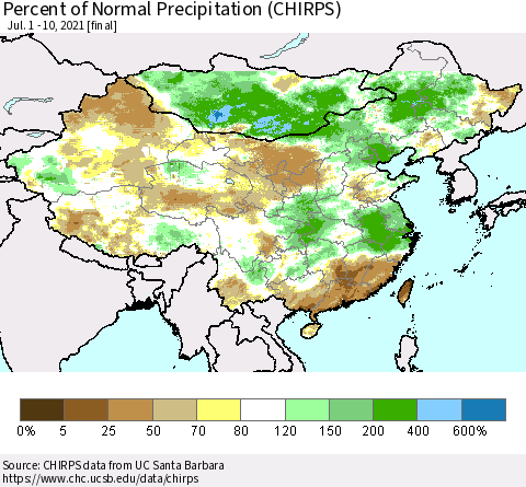 China and Taiwan Percent of Normal Precipitation (CHIRPS) Thematic Map For 7/1/2021 - 7/10/2021