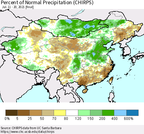 China and Taiwan Percent of Normal Precipitation (CHIRPS) Thematic Map For 7/11/2021 - 7/20/2021