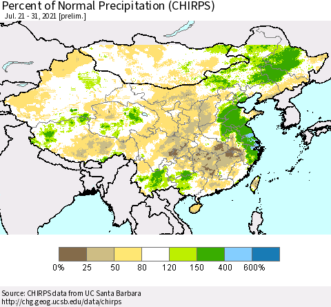 China and Taiwan Percent of Normal Precipitation (CHIRPS) Thematic Map For 7/21/2021 - 7/31/2021