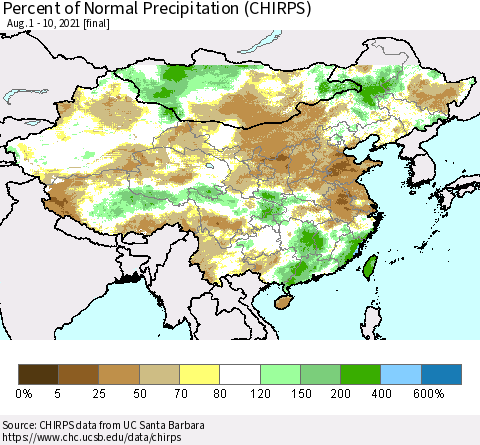 China and Taiwan Percent of Normal Precipitation (CHIRPS) Thematic Map For 8/1/2021 - 8/10/2021