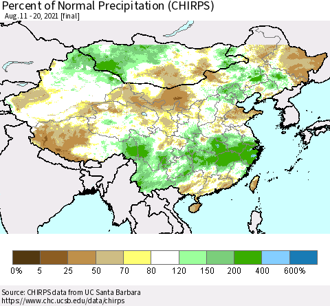 China and Taiwan Percent of Normal Precipitation (CHIRPS) Thematic Map For 8/11/2021 - 8/20/2021