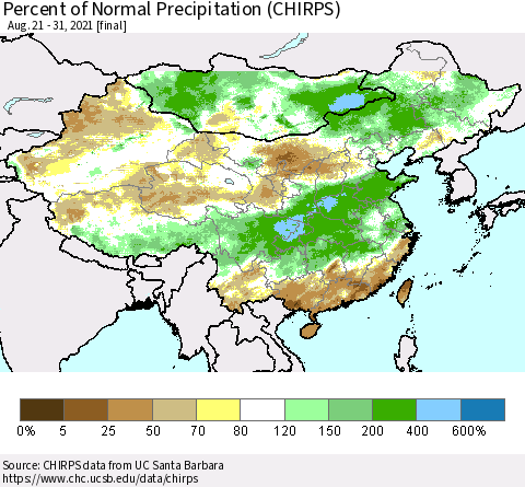 China and Taiwan Percent of Normal Precipitation (CHIRPS) Thematic Map For 8/21/2021 - 8/31/2021