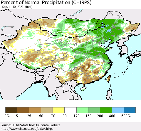 China, Mongolia and Taiwan Percent of Normal Precipitation (CHIRPS) Thematic Map For 9/1/2021 - 9/10/2021
