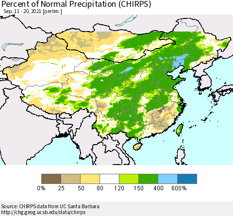 China, Mongolia and Taiwan Percent of Normal Precipitation (CHIRPS) Thematic Map For 9/11/2021 - 9/20/2021