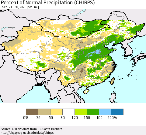 China and Taiwan Percent of Normal Precipitation (CHIRPS) Thematic Map For 9/21/2021 - 9/30/2021