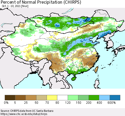 China and Taiwan Percent of Normal Precipitation (CHIRPS) Thematic Map For 10/1/2021 - 10/10/2021