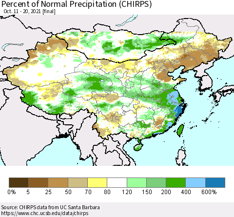 China and Taiwan Percent of Normal Precipitation (CHIRPS) Thematic Map For 10/11/2021 - 10/20/2021