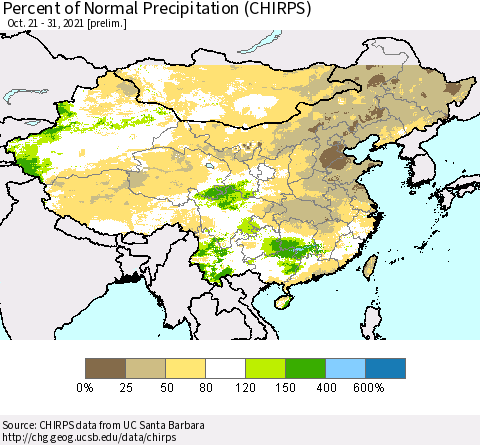 China and Taiwan Percent of Normal Precipitation (CHIRPS) Thematic Map For 10/21/2021 - 10/31/2021