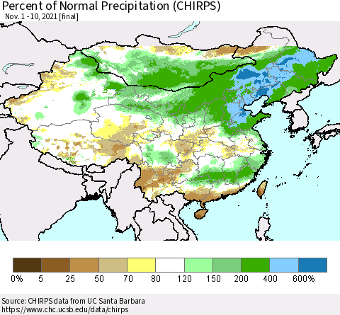 China and Taiwan Percent of Normal Precipitation (CHIRPS) Thematic Map For 11/1/2021 - 11/10/2021