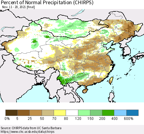 China and Taiwan Percent of Normal Precipitation (CHIRPS) Thematic Map For 11/11/2021 - 11/20/2021