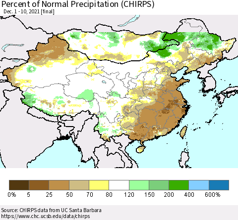 China and Taiwan Percent of Normal Precipitation (CHIRPS) Thematic Map For 12/1/2021 - 12/10/2021