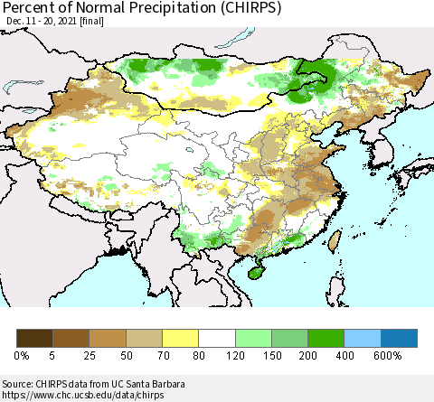 China and Taiwan Percent of Normal Precipitation (CHIRPS) Thematic Map For 12/11/2021 - 12/20/2021