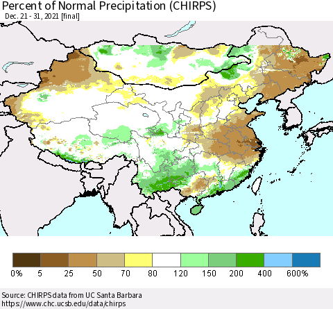 China and Taiwan Percent of Normal Precipitation (CHIRPS) Thematic Map For 12/21/2021 - 12/31/2021