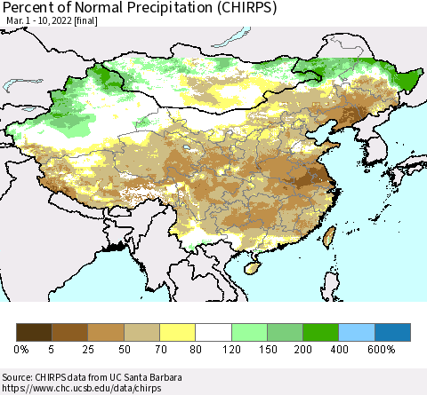 China and Taiwan Percent of Normal Precipitation (CHIRPS) Thematic Map For 3/1/2022 - 3/10/2022