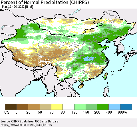 China and Taiwan Percent of Normal Precipitation (CHIRPS) Thematic Map For 3/11/2022 - 3/20/2022