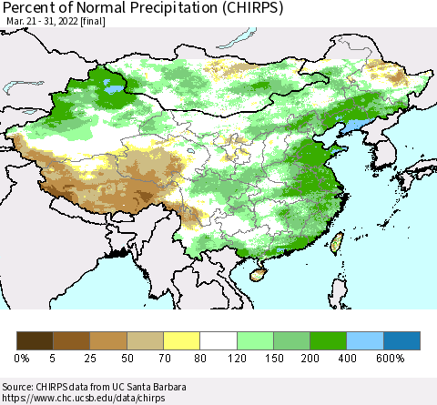 China and Taiwan Percent of Normal Precipitation (CHIRPS) Thematic Map For 3/21/2022 - 3/31/2022