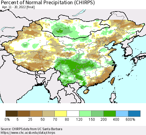 China, Mongolia and Taiwan Percent of Normal Precipitation (CHIRPS) Thematic Map For 4/11/2022 - 4/20/2022