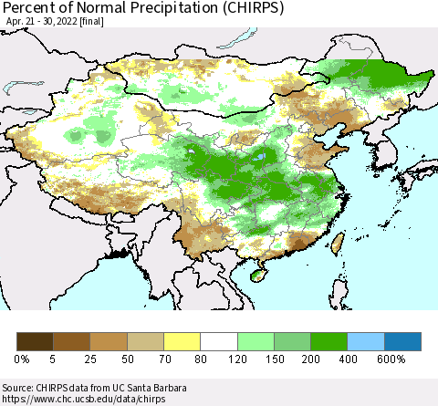 China, Mongolia and Taiwan Percent of Normal Precipitation (CHIRPS) Thematic Map For 4/21/2022 - 4/30/2022