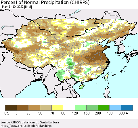 China and Taiwan Percent of Normal Precipitation (CHIRPS) Thematic Map For 5/1/2022 - 5/10/2022