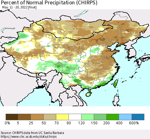 China and Taiwan Percent of Normal Precipitation (CHIRPS) Thematic Map For 5/11/2022 - 5/20/2022