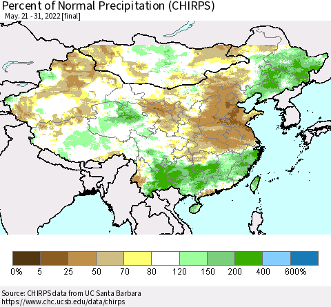 China and Taiwan Percent of Normal Precipitation (CHIRPS) Thematic Map For 5/21/2022 - 5/31/2022