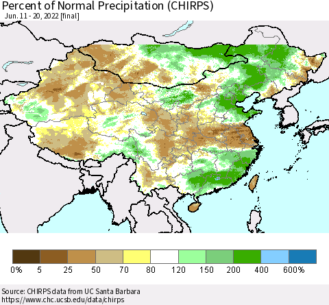 China and Taiwan Percent of Normal Precipitation (CHIRPS) Thematic Map For 6/11/2022 - 6/20/2022