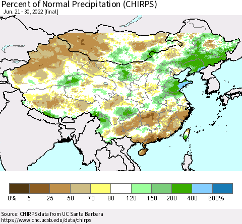 China and Taiwan Percent of Normal Precipitation (CHIRPS) Thematic Map For 6/21/2022 - 6/30/2022