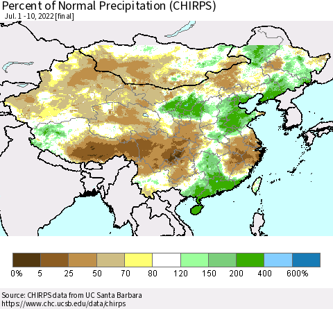 China and Taiwan Percent of Normal Precipitation (CHIRPS) Thematic Map For 7/1/2022 - 7/10/2022