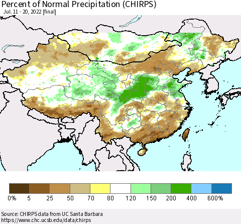 China, Mongolia and Taiwan Percent of Normal Precipitation (CHIRPS) Thematic Map For 7/11/2022 - 7/20/2022