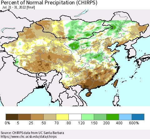 China, Mongolia and Taiwan Percent of Normal Precipitation (CHIRPS) Thematic Map For 7/21/2022 - 7/31/2022