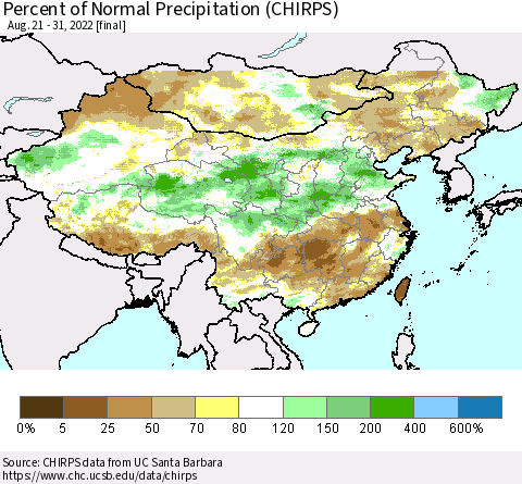 China and Taiwan Percent of Normal Precipitation (CHIRPS) Thematic Map For 8/21/2022 - 8/31/2022